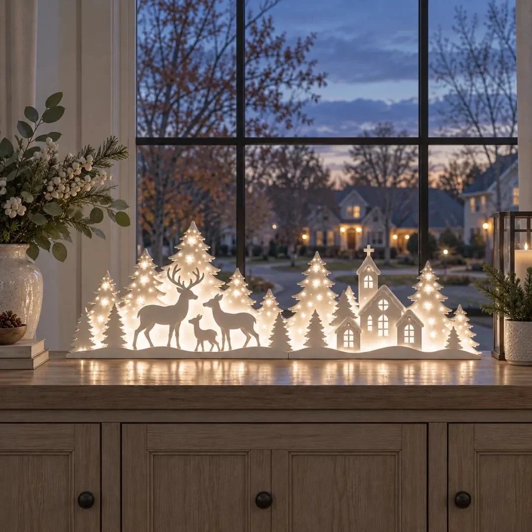 🦌 Soft-Lit Deer Village — Two-Part Christmas Windowsill Scene