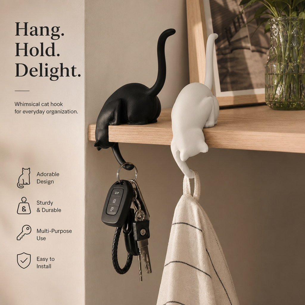 🐾 Climbing Cat Shelf Edge Hook: Cute No-Drill Key Holder & Decor! 🐈