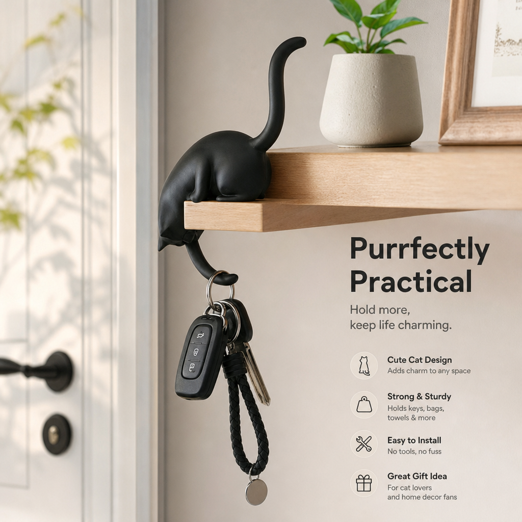 🐾 Climbing Cat Shelf Edge Hook: Cute No-Drill Key Holder & Decor! 🐈
