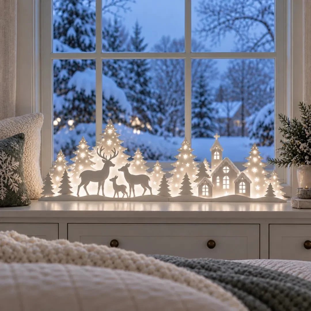 🦌 Soft-Lit Deer Village — Two-Part Christmas Windowsill Scene