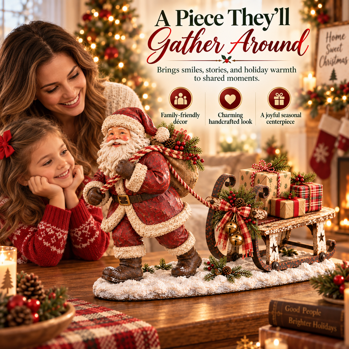 🎅🛷 Santa's Christmas Sleigh Farmhouse Table Decor — Festive Centerpiece with Gift-Filled Sleigh