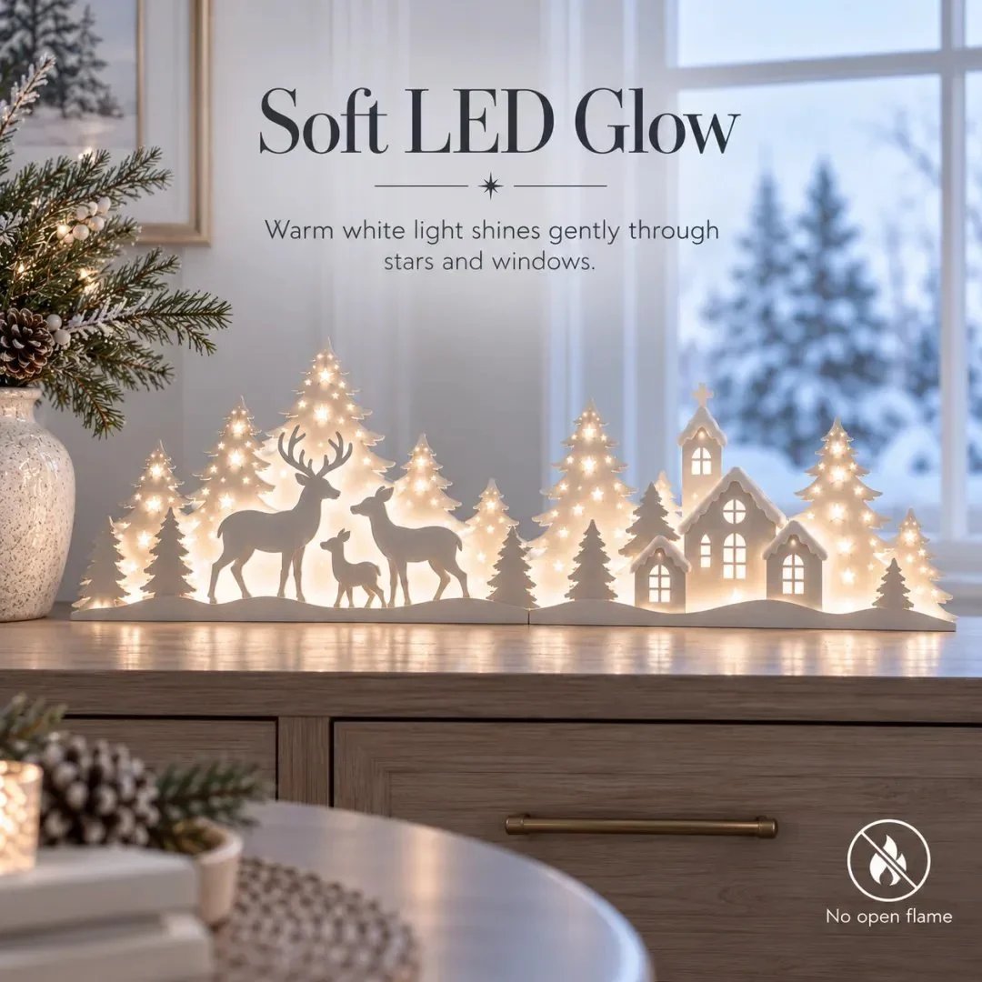 🦌 Soft-Lit Deer Village — Two-Part Christmas Windowsill Scene