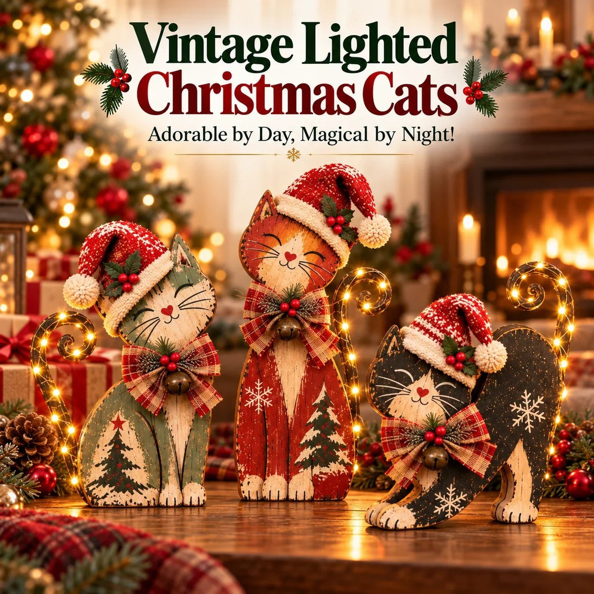 🐱Vintage Christmas Cats -- Nostalgic Hat & Bow Decor