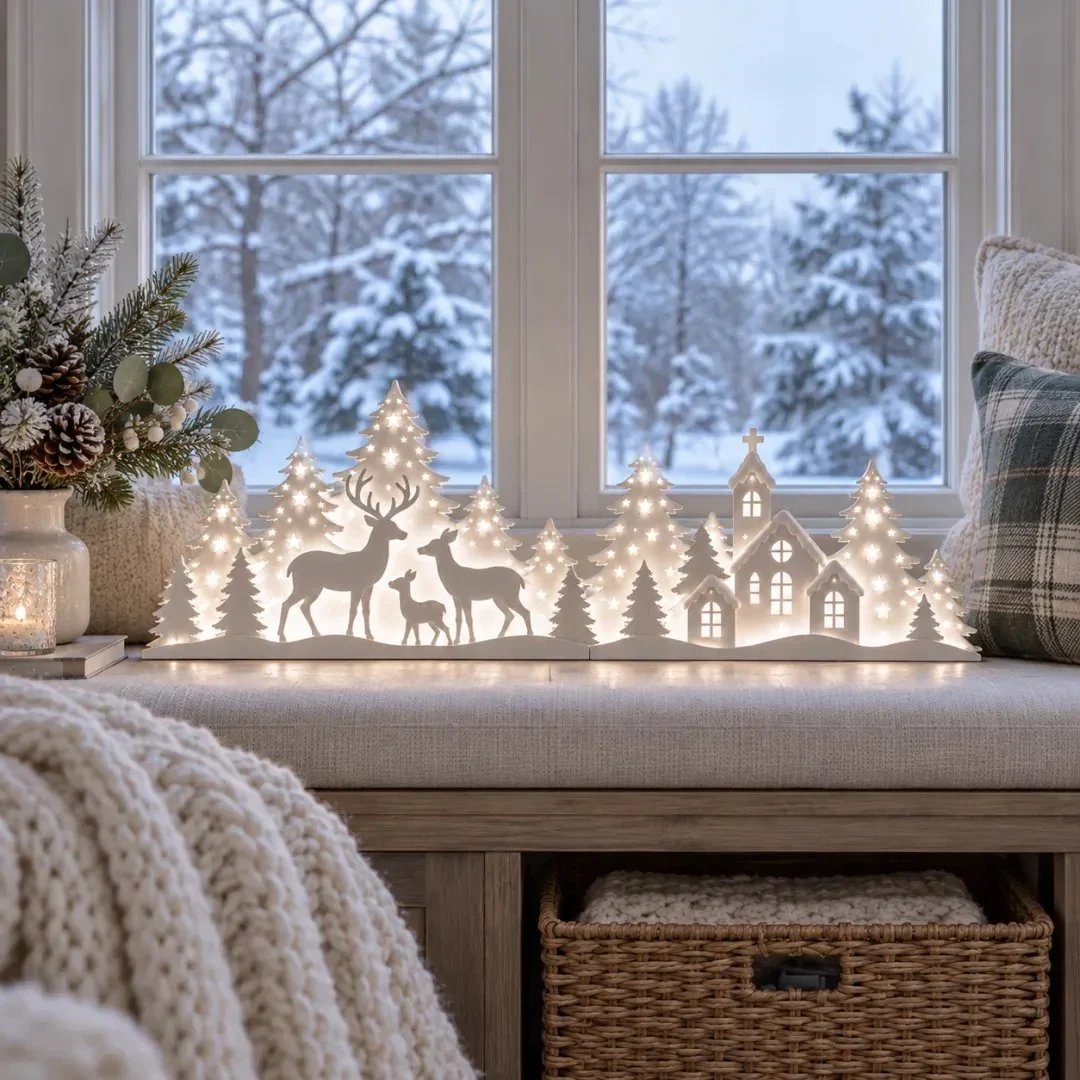 🦌 Soft-Lit Deer Village — Two-Part Christmas Windowsill Scene