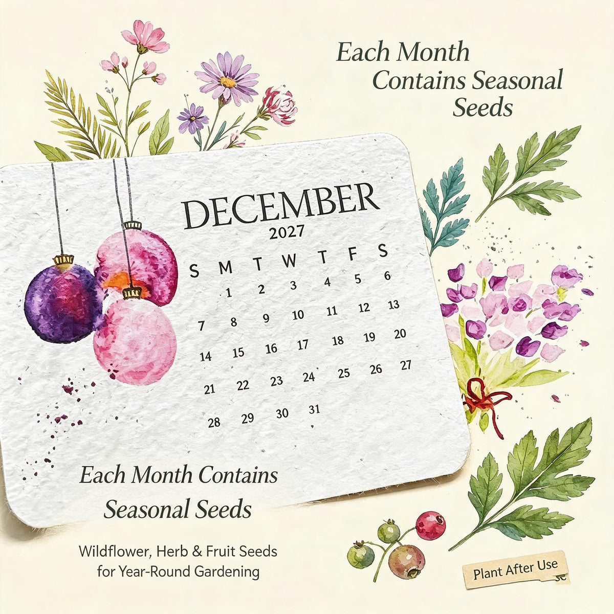 🌱 2027 Seed Paper Calendar — Plantable Eco-Friendly Gift with 12 Botanical Designs