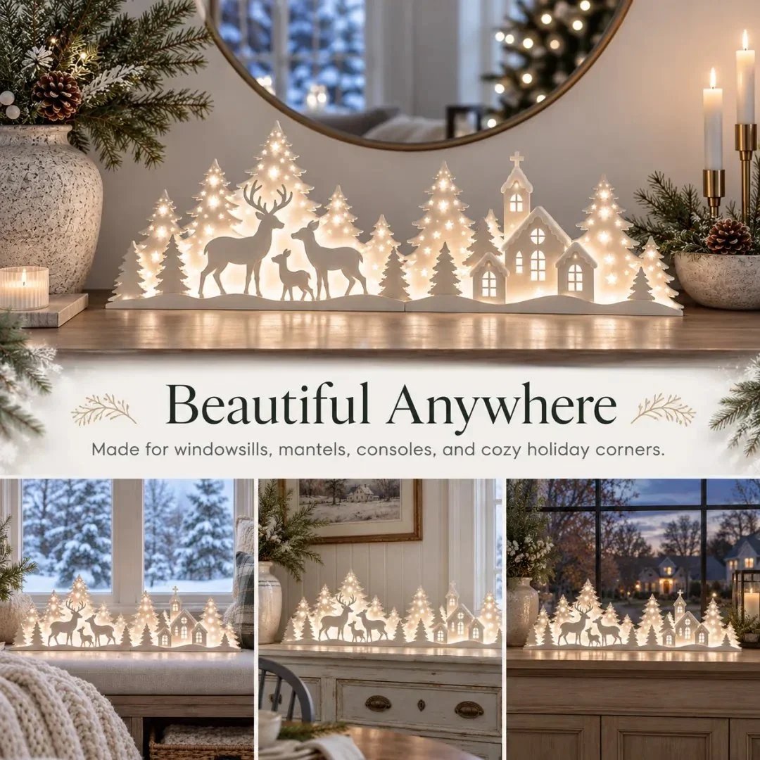 🦌 Soft-Lit Deer Village — Two-Part Christmas Windowsill Scene