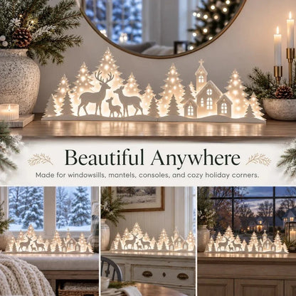 🦌 Soft-Lit Deer Village — Two-Part Christmas Windowsill Scene