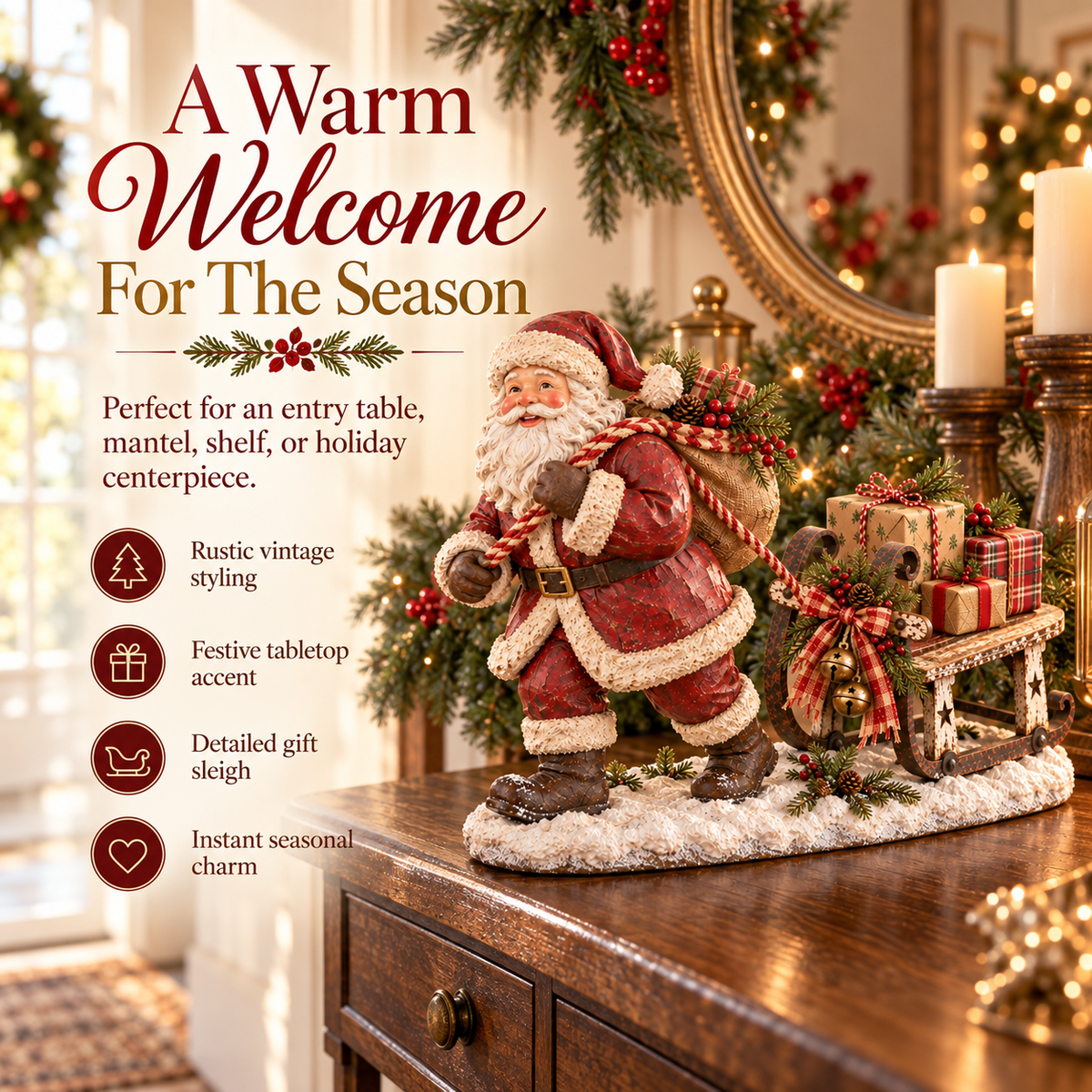 🎅🛷 Santa's Christmas Sleigh Farmhouse Table Decor — Festive Centerpiece with Gift-Filled Sleigh