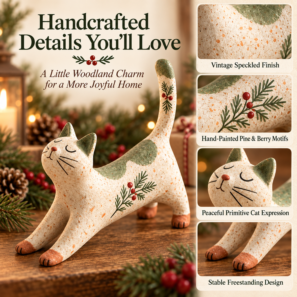 🐈🎄 Woodland Christmas Cat Figurine--a cosy little woodland friend for your holiday home